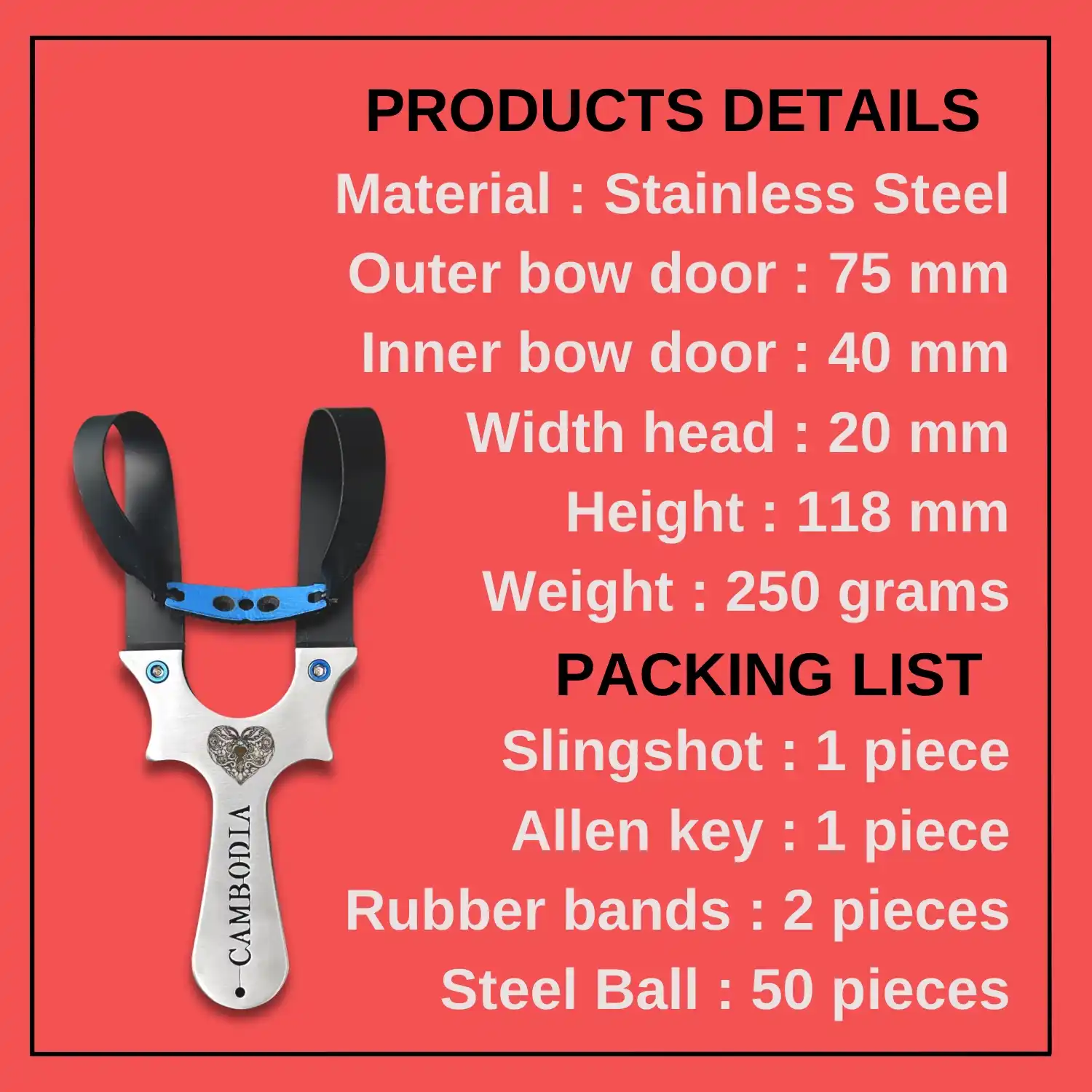 Cambodia Slingshot Stainless Steel Shooting Slingshot Powerful Hunting Slingshot with Rubber Band Model S73